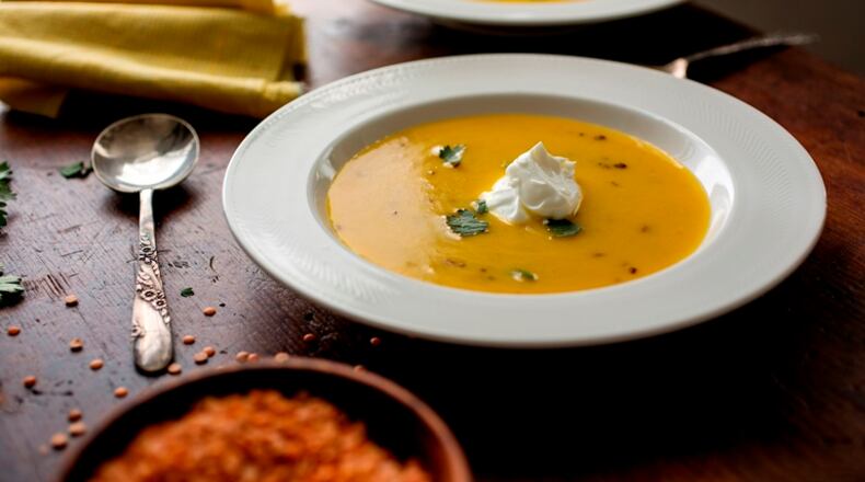 Pureed winter squash and red lentil soup in New York, Oct. 8, 2015. The lentils contribute their great earthy flavor as well as protein, and act as a thickener for the puree, a more nutrient-rich alternative to using potatoes or white rice.