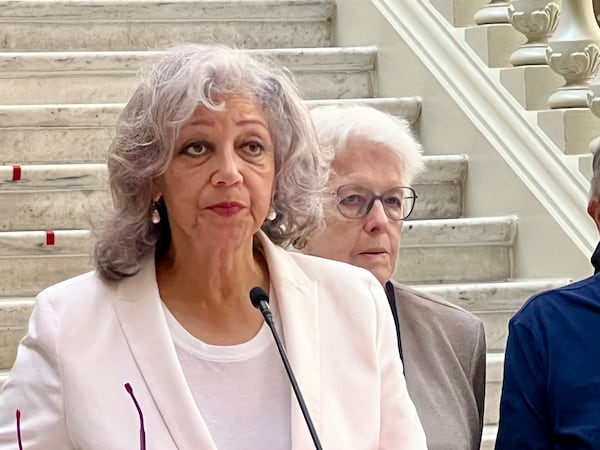 Georgia Federation of Teachers President Verdaillia Turner speaks from the steps of the Georgia Capitol on April 28, 2025, about a proposal to hold parents accountable if their child commits an act of violence against a teacher. (Cassidy Alexander/AJC)