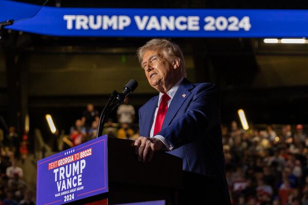 President-elect Donald Trump speaks at Republican rally during his campaign at McCamish Pavilion at Georgia Tech in Atlanta on Monday, October 28, 2024. (Arvin Temkar / AJC)