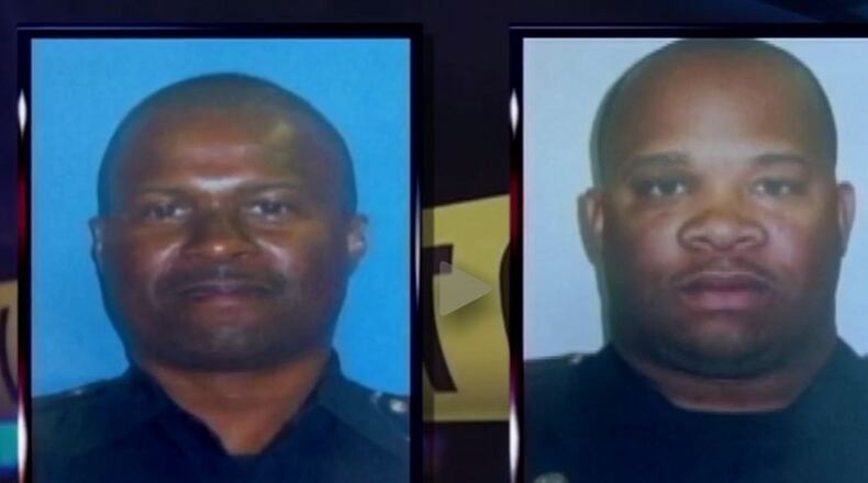 Former police Sgt. Marcus Eberhart (right) was found guilty of felony murder in the April 2014 Taser death of Gregory Lewis Towns Jr. and on Wednesday, Dec. 21, 2016, was sentenced to life in prison. His co-defendant, former police Cpl. Howard Weems, was found guilty of lesser charges and was sentenced to 18 months in prison. (photo: Channel 2 Action News)