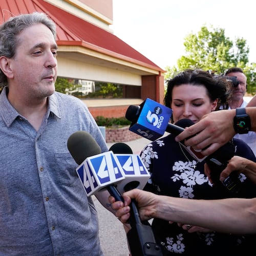 FILE - Former death row prisoner Richard Glossip, left, speaks to media after exiting a detention facility after being granted bond while awaiting retrial, May 14, 2026, in Oklahoma City. (AP Photo/Nick Oxford, File)