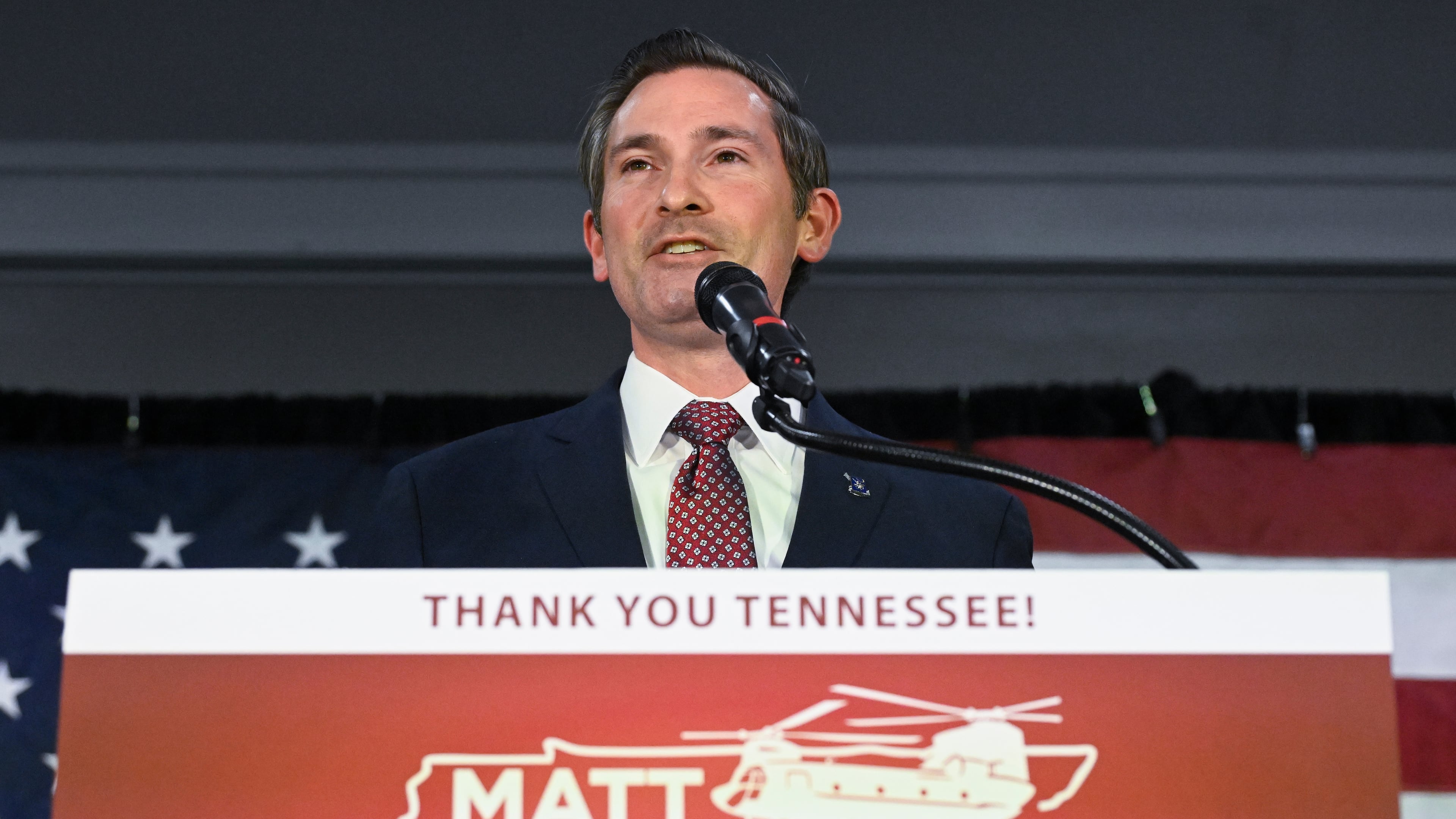 Republican candidate Matt Van Epps speaks at a watch party to declare victory in a special election for the U.S. seventh congressional district, Tuesday, Dec. 2, 2025, in Nashville, Tenn. (AP Photo/John Amis)
