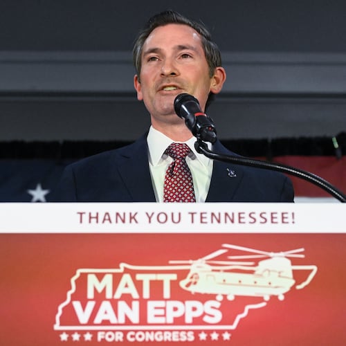 Republican candidate Matt Van Epps speaks at a watch party to declare victory in a special election for the U.S. seventh congressional district, Tuesday, Dec. 2, 2025, in Nashville, Tenn. (AP Photo/John Amis)