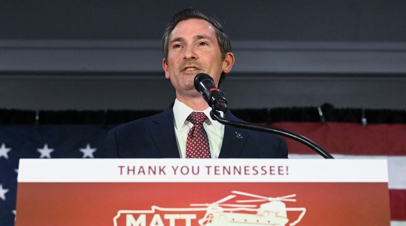 Republican candidate Matt Van Epps speaks at a watch party to declare victory in a special election for the U.S. seventh congressional district, Tuesday, Dec. 2, 2025, in Nashville, Tenn. (AP Photo/John Amis)
