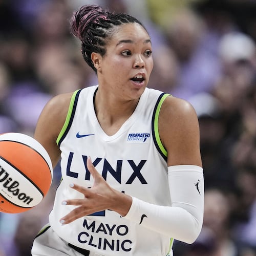 FILE - Minnesota Lynx forward Napheesa Collier moves the ball during the first half of Game 2 in the first round of the WNBA basketball playoffs against the Golden State Valkyries, Wednesday, Sept. 17, 2025, in San Jose, Calif. (AP Photo/Godofredo A. Vásquez, File)
