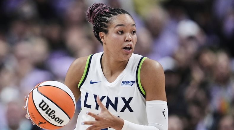 FILE - Minnesota Lynx forward Napheesa Collier moves the ball during the first half of Game 2 in the first round of the WNBA basketball playoffs against the Golden State Valkyries, Wednesday, Sept. 17, 2025, in San Jose, Calif. (AP Photo/Godofredo A. Vásquez, File)