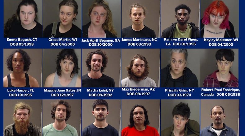 An array of the mugshots of those arrested March 5 at the site of the proposed Atlanta police training center.
