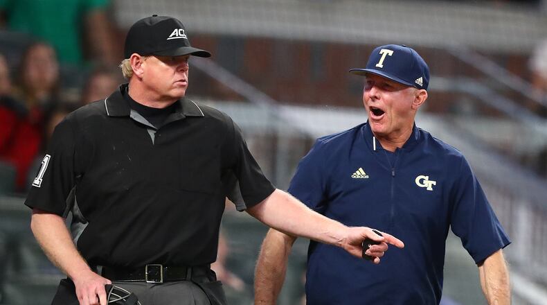 April 23, 2019 Atlanta: Georgia Tech head coach Danny Hall argues a call with the home base umpire after Georgia scored on a wild pitch from third base during the fourth inning in the Spring Classic NCAA college baseball game at SunTrust Park on Tuesday, April 23, 2019, in Atlanta. The play stood as called after a review.   Curtis Compton/ccompton@ajc.com