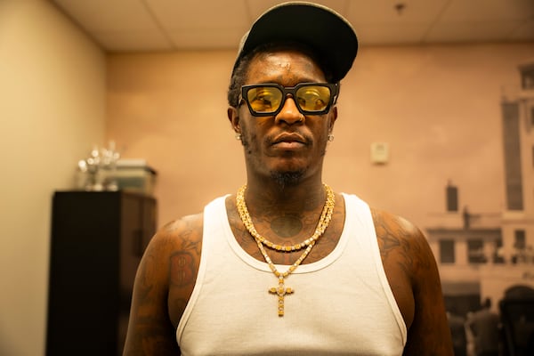 Rapper Jeffery Williams, known as Young Thug, visits Skyview High School on Friday, Aug. 1, 2025, in Atlanta. Young Thug, who now resides in Miami, cannot freely return to the city that raised him. (Olivia Bowdoin for the AJC)