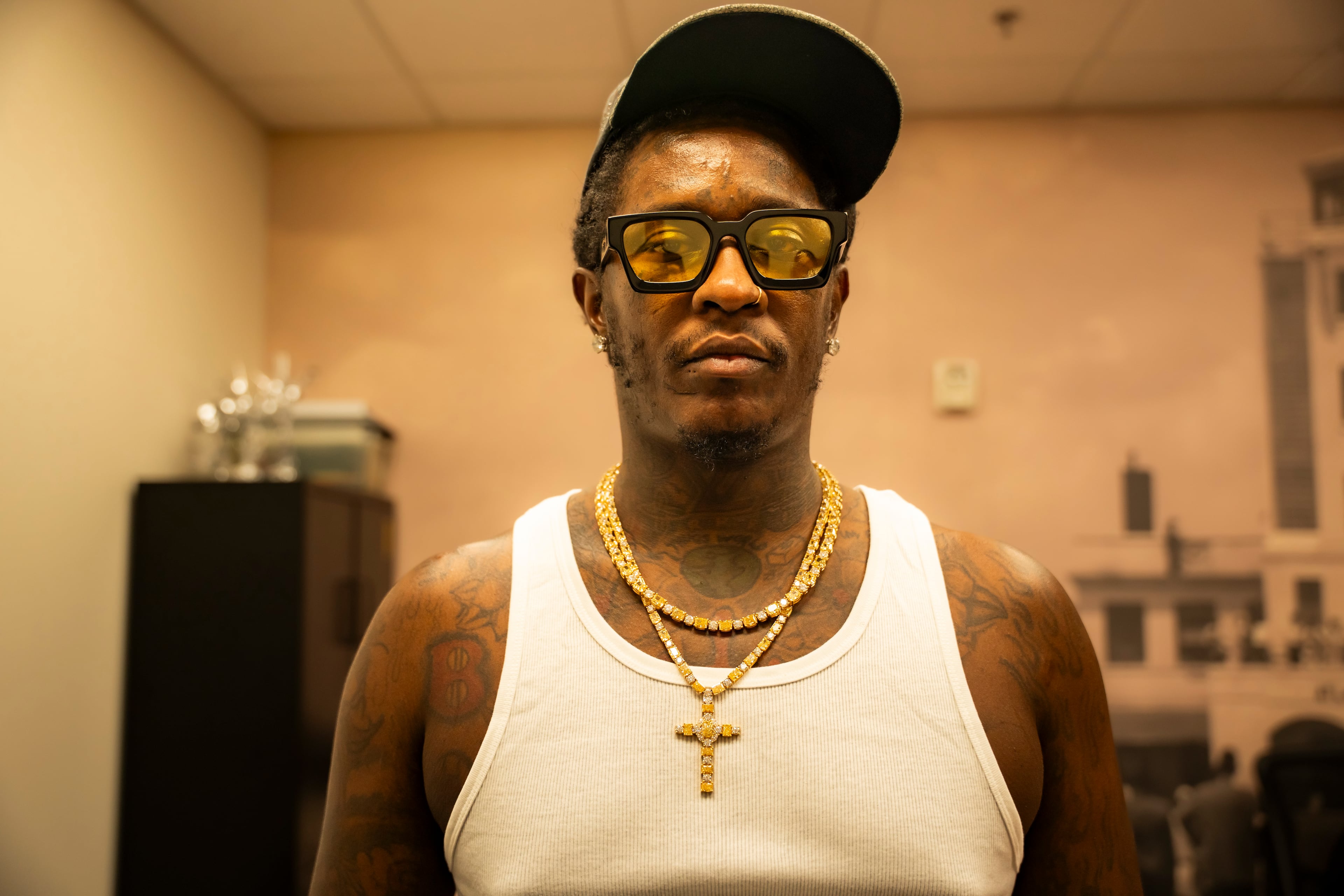 Rapper Jeffery Williams, known as Young Thug, visits Skyview High School on Friday, Aug. 1, 2025, in Atlanta. Young Thug, who now resides in Miami, cannot freely return to the city that raised him. (Olivia Bowdoin for the AJC)