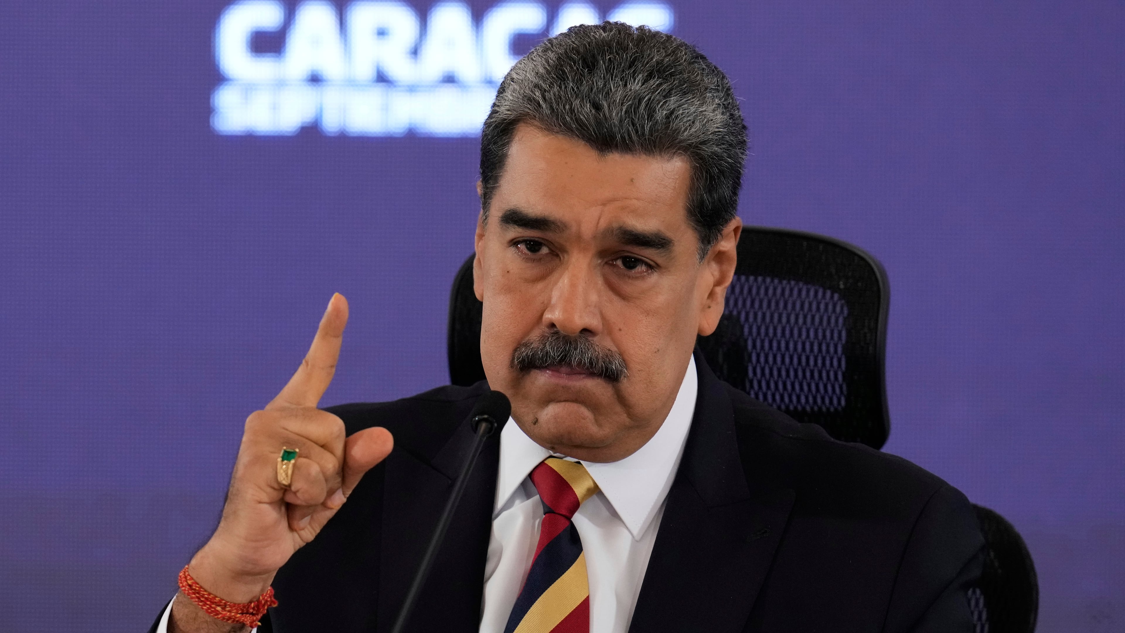 Venezuela President Nicolas Maduro speaks during a press conference in Caracas, Venezuela, Monday, Sept. 1, 2025. (AP Photo/Ariana Cubillos)