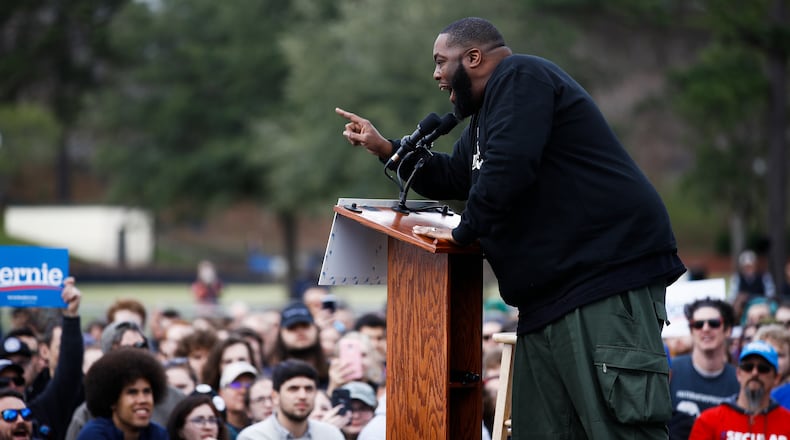 Rapper Killer Mike speaks ahead of Democratic presidential candidate Sen. Bernie Sanders, I-Vt., at a campaign event, Friday, Feb. 28, 2020, in Columbia, S.C. (AP Photo/Matt Rourke)