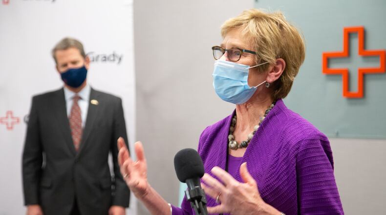 Dr. Kathleen Toomey provides updates on COVID-19 in Georgia at a press conference before receiving her COVID-19 vaccination at Grady Hospital on Dec. 17, 2020. (Steve Schaefer/Atlanta Journal-Constitution/TNS)