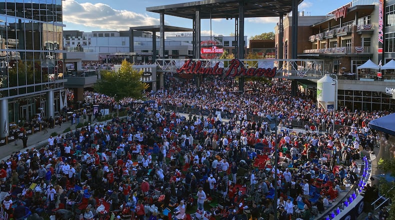 Baseball fans fill The Battery at Truist Park on Sunday. Oct. 31, 2021, as the Atlanta Braves are on the brink of winning the World Series in Game 5.