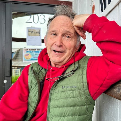 FILE - Dan Sullivan, a candidate in Alaska's U.S. Senate race who shares his name with the incumbent seeking reelection, talks with a reporter, July 3, 2026, in Petersburg, Alaska. (AP Photo/Becky Bohrer, File)
