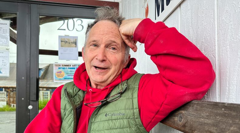 FILE - Dan Sullivan, a candidate in Alaska's U.S. Senate race who shares his name with the incumbent seeking reelection, talks with a reporter, July 3, 2026, in Petersburg, Alaska. (AP Photo/Becky Bohrer, File)