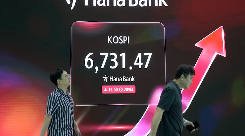 Currency traders pass by a screen showing the Korea Composite Stock Price Index (KOSPI) at the foreign exchange dealing room of the Hana Bank headquarters in Seoul, South Korea, Thursday, Sept. 17, 2026. (AP Photo/Ahn Young-joon)