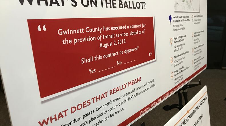 A poster explaining the ballot question for Gwinnett County’s upcoming MARTA referendum. TYLER ESTEP / TYLER.ESTEP@AJC.COM