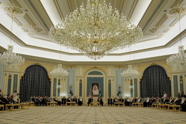 President Donald Trump and Saudi Crown Prince Mohammed bin Salman speak during a meeting at the Royal Palace in Riyadh, Saudi Arabia, Tuesday, May 13, 2025. (AP Photo/Alex Brandon)