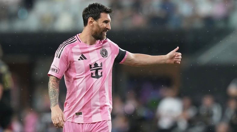 Inter Miami forward Lionel Messi (10) gestures during the second half of an MLS soccer match against Atlanta United, Saturday, Sept. 5, 2026, in Miami. (AP Photo/Lynne Sladky)