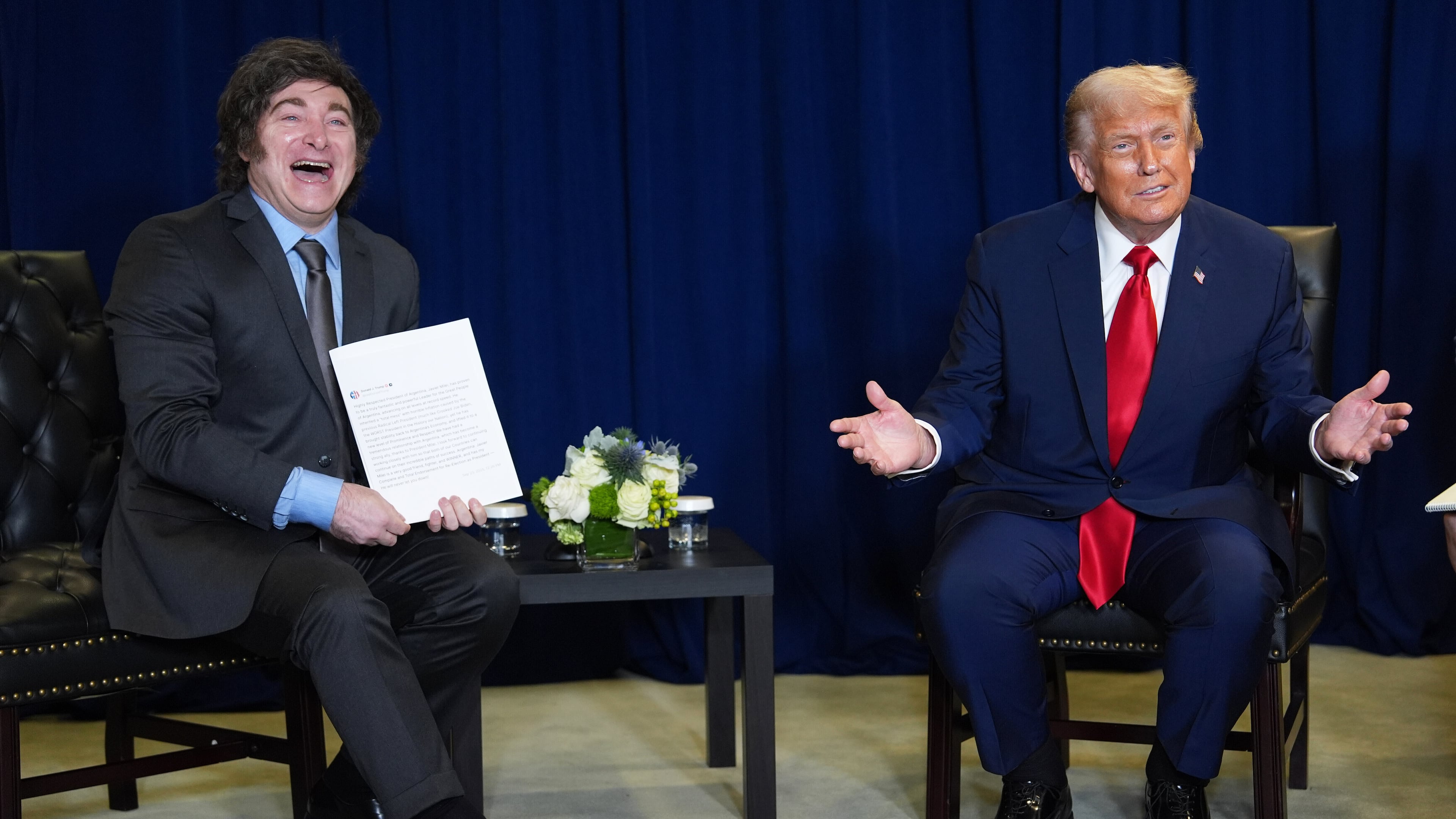 President Donald Trump meets with Argentine President Javier Milei during the United Nations General Assembly, Tuesday, Sept. 23, 2025, in New York. (AP Photo/Evan Vucci)