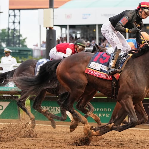 Golden Tempo (19) ridden by Jose L. Ortiz wins the 152nd running of the Kentucky Derby horse race at Churchill Downs, Saturday, May 2, 2026, in Louisville, Ky. (AP Photo/Jeff Roberson)