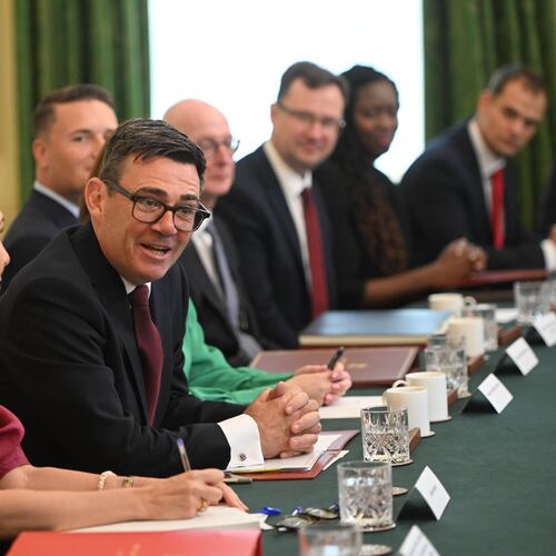 Britain's Prime Minister Andy Burnham, center, attends his first cabinet meeting as prime minister at 10 Downing Street, London, Tuesday July 21, 2026. (Eddie Mulholland/Pool Photo via AP)