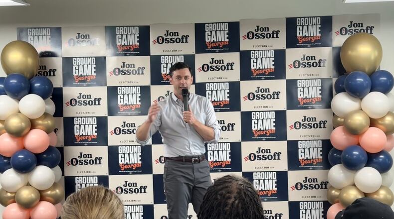 U.S. Sen. Jon Ossoff campaigns in south DeKalb County on Saturday, May 23, 2026. Ossoff said he believes he can win reelection by running against President Donald Trump's policies and showing unity with Georgia's Democratic candidate for governor, Keisha Lance Bottoms. (Greg Bluestein/AJC)