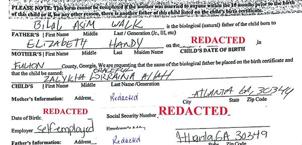 The ACLU of Georgia has filed suit on behalf of parents Elizabeth Handy and Bilal Walk, who were denied when they tried to name their daughter SalyKha Graceful Lorraina Allah. This redacted copy of the birth certificate application was Exhibit A in the lawsuit. (Fulton County Superior Court)
