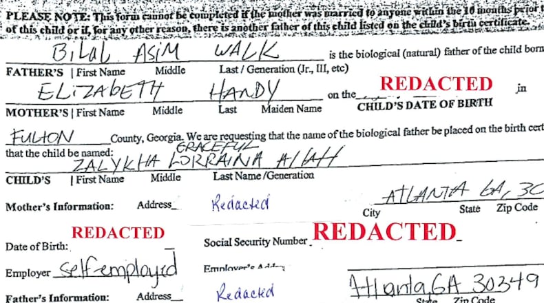 The ACLU of Georgia has filed suit on behalf of parents Elizabeth Handy and Bilal Walk, who were denied when they tried to name their daughter SalyKha Graceful Lorraina Allah. This redacted copy of the birth certificate application was Exhibit A in the lawsuit. (Fulton County Superior Court)