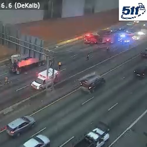 A crash blocks all northbound lanes of I-285 just before I-20 in DeKalb County early Tuesday morning, Dec. 23, 2025. (Georgia Department of Transportation)