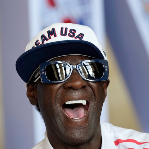 FILE - Flavor Flav laughs during an interview with The Associated Press at the USA house at the 2024 Summer Olympics, July 25, 2024, in Paris, France. (AP Photo/Luca Bruno, file)