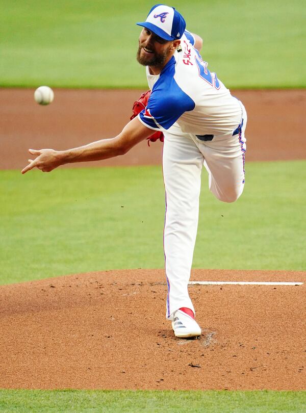 Atlanta Braves pitcher Chris Sale deliver against the Minnesota Twins during the first inning in a baseball game Saturday, April 19, 2025, in Atlanta. (AP Photo/ John David Mercer)