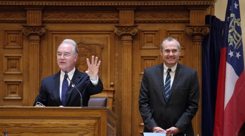 U.S. Rep. Tom Price, left, who is rumored to be considering a run for governor in 2018, speaks to the Georgia Senate, his former political home. Next to him is Lt. Gov. Casey Cagle, also considered a possible candidate for governor. JASON GETZ / JGETZ@AJC.COM