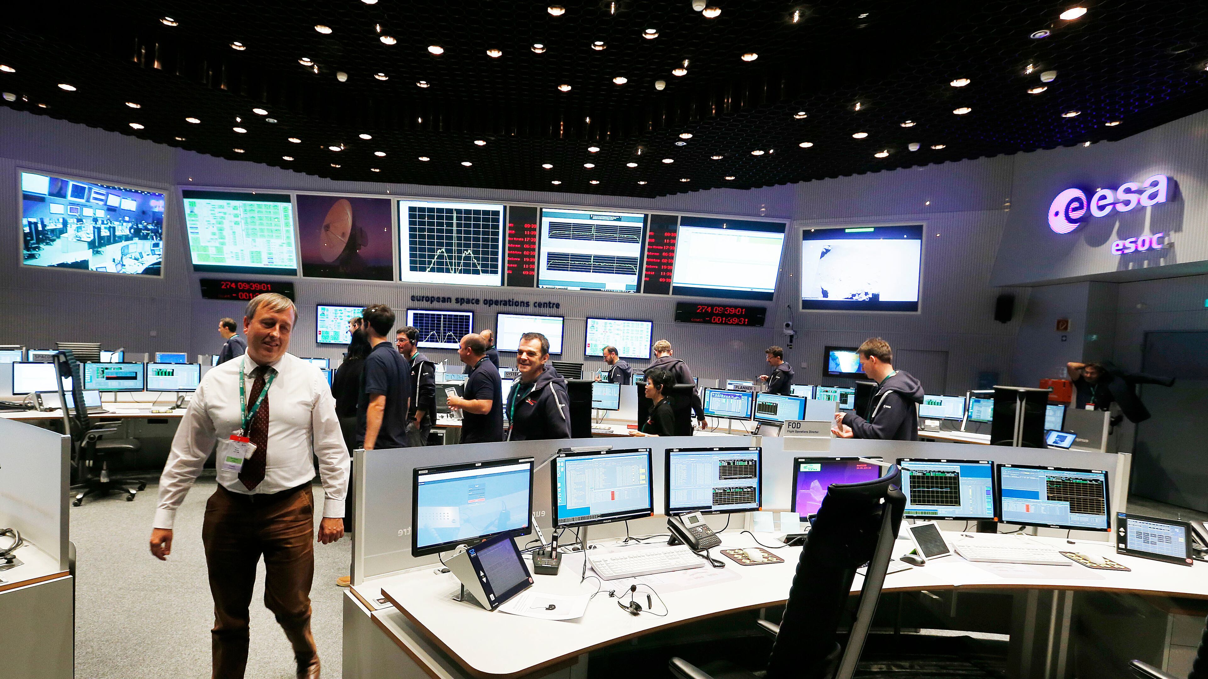 FILE- A view of the control room at the European Space Agency in Darmstadt, Germany, on Sept. 30, 2016.(AP Photo/Michael Probst, File)