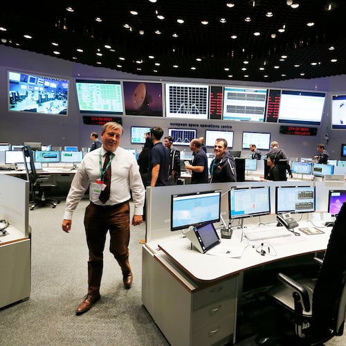 FILE- A view of the control room at the European Space Agency in Darmstadt, Germany, on Sept. 30, 2016.(AP Photo/Michael Probst, File)