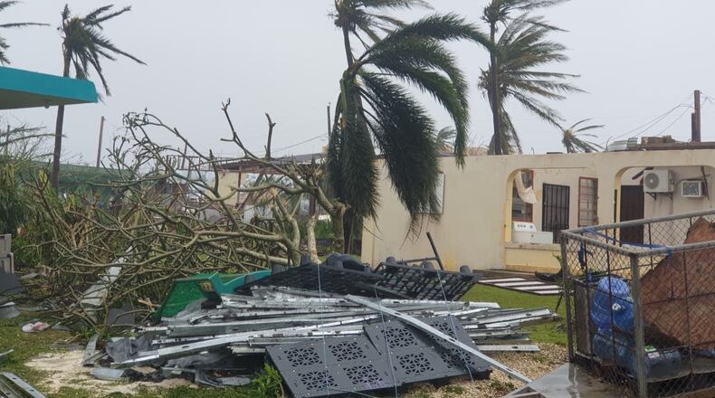 Debris covers the ground in Saipan on Wednesday, April 15, 2026, as a super typhoon with ferocious winds and relentless rains, shredded tin roofs and forced residents to take cover from flying tree limbs. (Office of the Mayor, municipality of Saipan via AP)