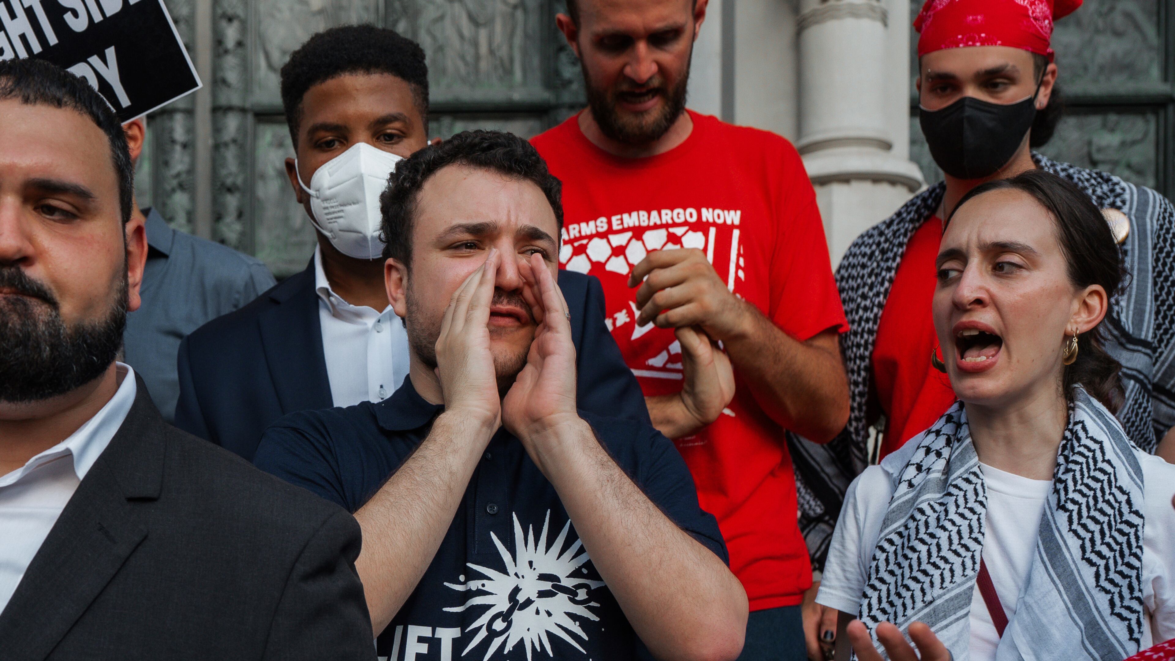 FILE - Pro-Palestinian activist Mahmoud Khalil chants during a rally celebrating his return from immigration detention, June 22, 2025, in New York. (AP Photo/Olga Fedorova, File)