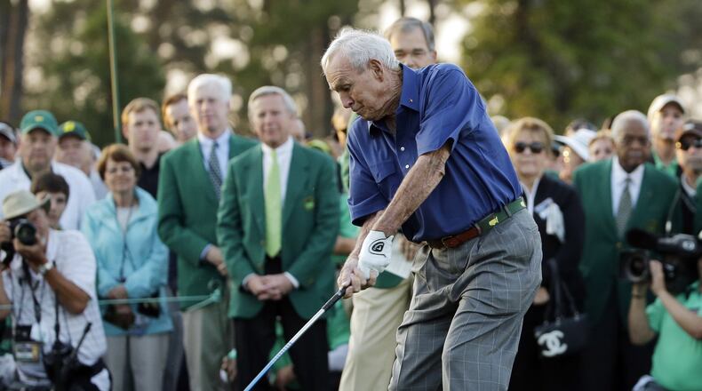 Arnold Palmer hits his final Masters honorary tee shot prior to the 2015 tournament. (AP Photo/Matt Slocum)