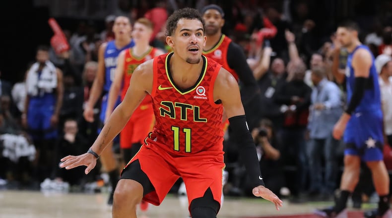 October 26, 2019 Atlanta: Atlanta Hawks guard Trae Yound reacts to hitting a three pointer in the final minutes for a 103-99 victory over the Orlando Magic in the home opener in a NBA basketball game on Saturday, October 26, 2019, in Atlanta. Young scored 39 points in the game. Curtis Compton/ccompton@ajc.com