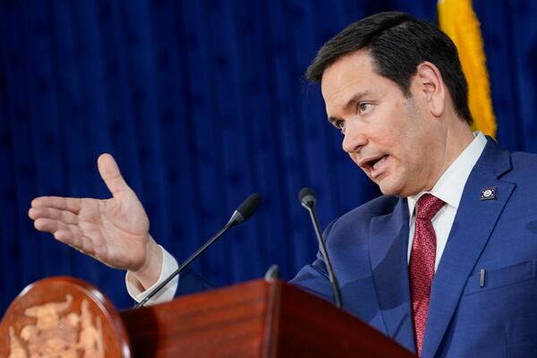 U.S. Secretary of State Marco Rubio gives a joint news conference with Jamaican Prime Minister Andrew Holness at the office of the prime minister in Kingston, Jamaica, Wednesday, March 26, 2025. (Nathan Howard/Pool Photo via AP)