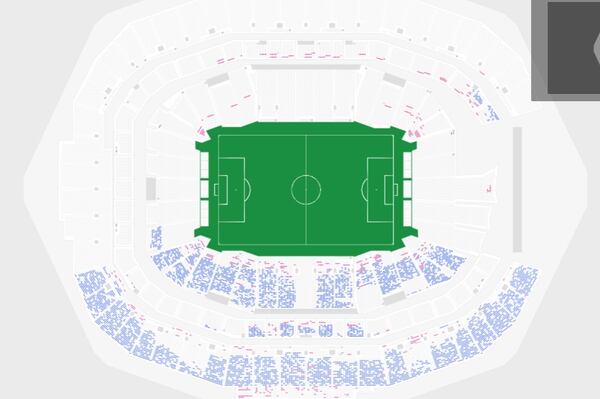 A screen capture recorded June 18, 2025 from the Tickermaster website illustrates the available tickets for the Club World Cup quarterfinal to be held at Mercedes-Benz Stadium July 5, 2025. The blue dots represent available seats. For nearly the remainder of the stadium, tickets were not available. (Ticketmaster website)