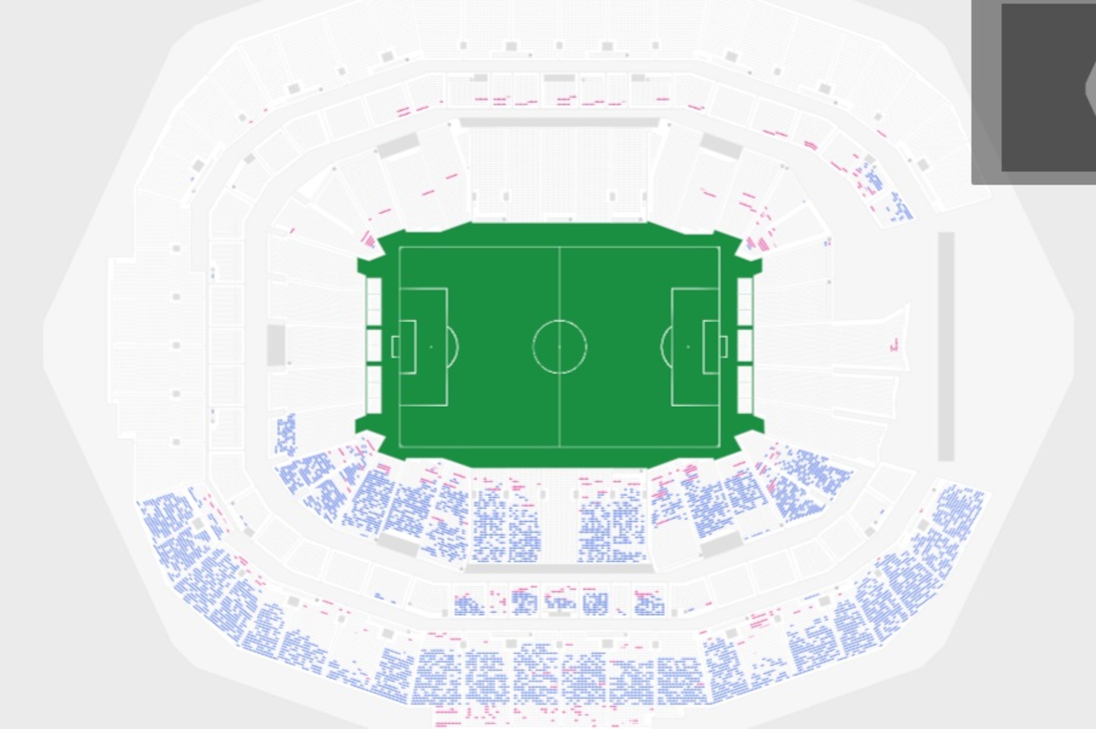 A screen capture recorded June 18, 2025 from the Tickermaster website illustrates the available tickets for the Club World Cup quarterfinal to be held at Mercedes-Benz Stadium July 5, 2025. The blue dots represent available seats. For nearly the remainder of the stadium, tickets were not available. (Ticketmaster website)
