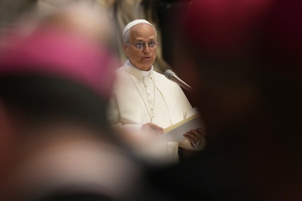Pope Leo XIV leads a meditation with the participants into the Jubilee of Bishops inside St. Peter's Basilica, at the Vatican, Wednesday, June 25, 2025. (AP Photo/Andrew Medichini)