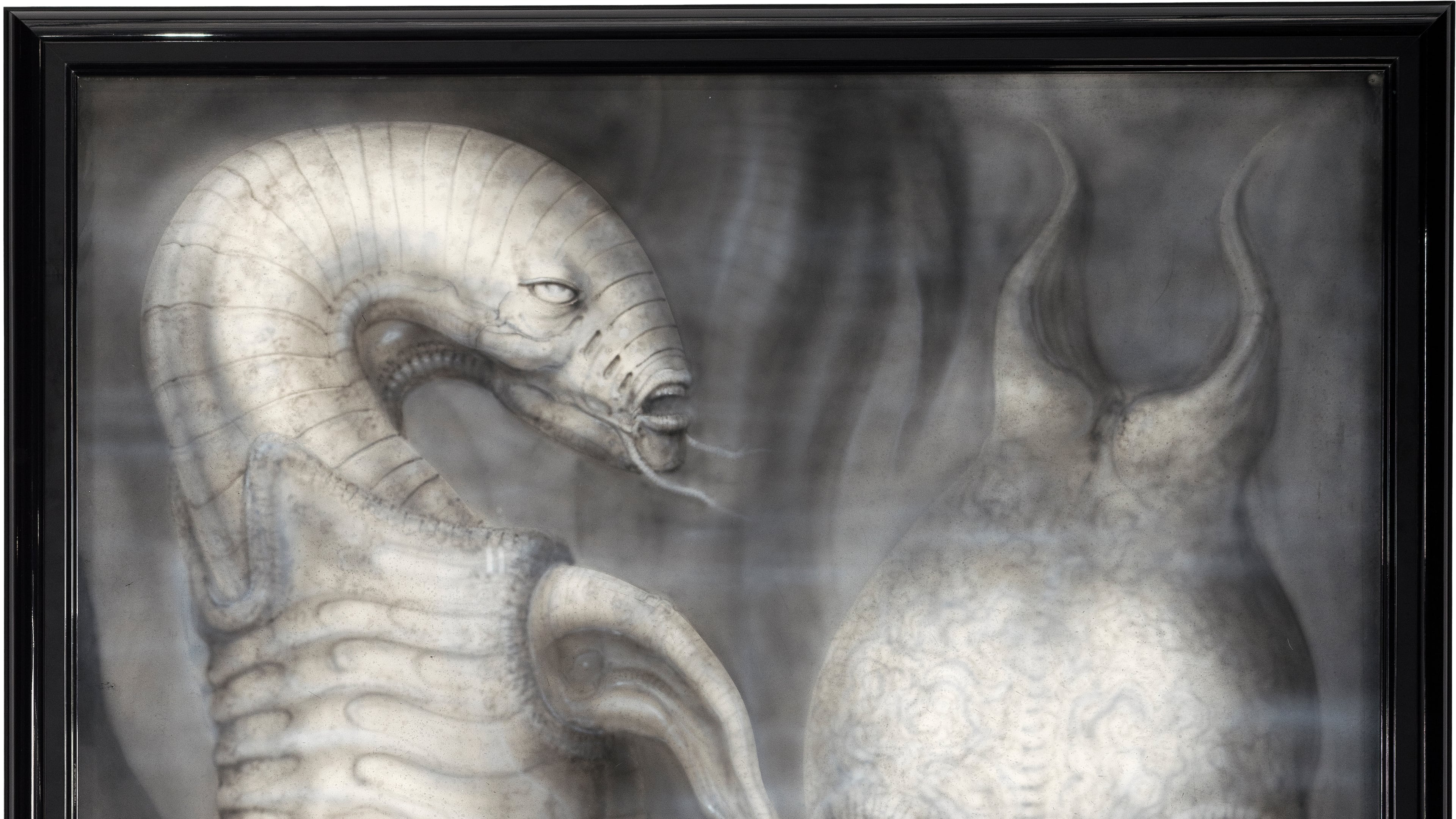 This image released by Heritage Auctions shows H.R. Giger's original art created for an unproduced science fiction script, an item up for auction from the collection of filmmaker Guillermo del Toro. (Heritage Auctions via AP)