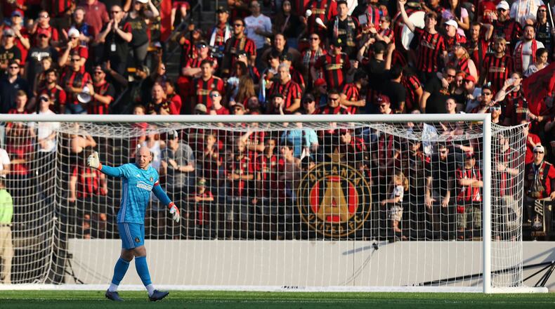 Brad Guzan shouts to his team during  the first half of a match between Atlanta United and Saint Louis FC at Kennesaw State University in Kennesaw, Georgia on Wednesday, July 10, 2019. Atlanta United and Saint Louis FC were tied 0-0 at the end of the first half. Christina Matacotta/Christina.Matacotta@ajc.com