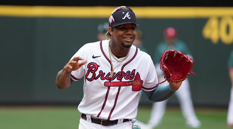 Ronald Acuna participates in a fielding drill during Monday's All-Star activities in Seattle. (AP photo/Ted Warren)