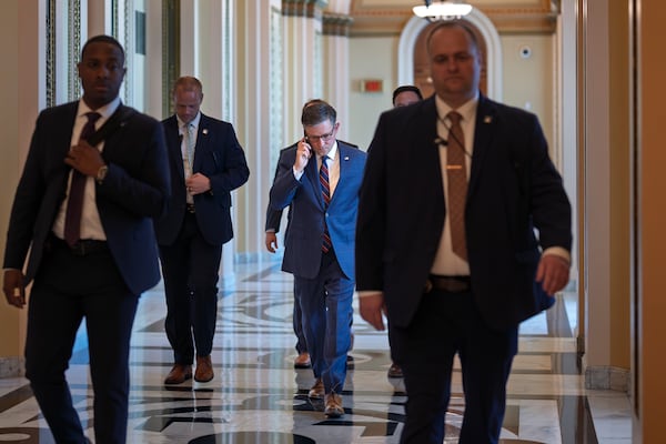 Speaker of the House Mike Johnson, R-La., leaves the chamber at the Capitol in Washington, Thursday, July 17, 2025. (AP Photo/J. Scott Applewhite)