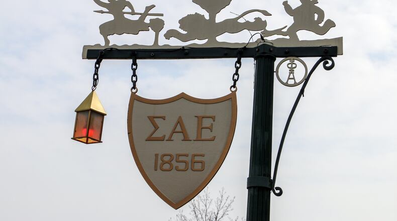 A signpost outside the headquarters of Sigma Alpha Epsilon in Evanston, Illinois.