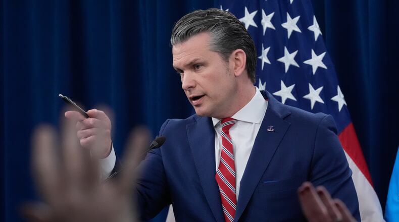 Defense Secretary Pete Hegseth speaks to members of the media during a press briefing at the Pentagon in Washington, Tuesday, May 5, 2026. (AP Photo/Manuel Balce Ceneta)
